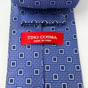 Tino‎ Cosma 100% Silk Men's Necktie Blue Geometric Square Pattern Italy Designer